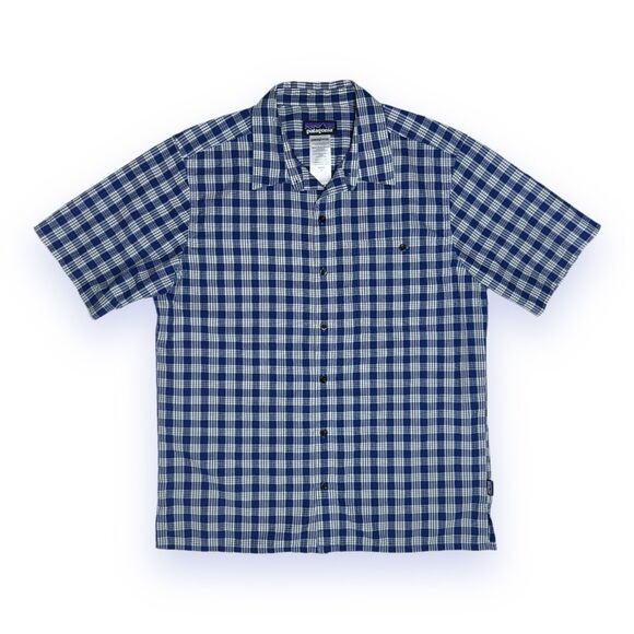 Patagonia Men's M Plaid Seersucker Shirt SS Button Up Blue White Organic Cotton - Picture 3 of 9